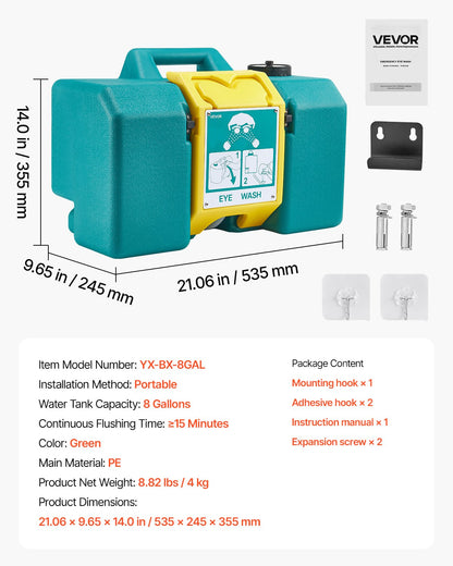 Bärbar ögonspolningsstation 30 l/8 gal, OSHA-godkänd ögonspolningsstation väggmonterad/på plan yta, ögonspolningsenhet för nödsituationer med 2 sprayningar, ögonspolningsenheter för första hjälpen för skolor, laboratorier, fabriker, grön