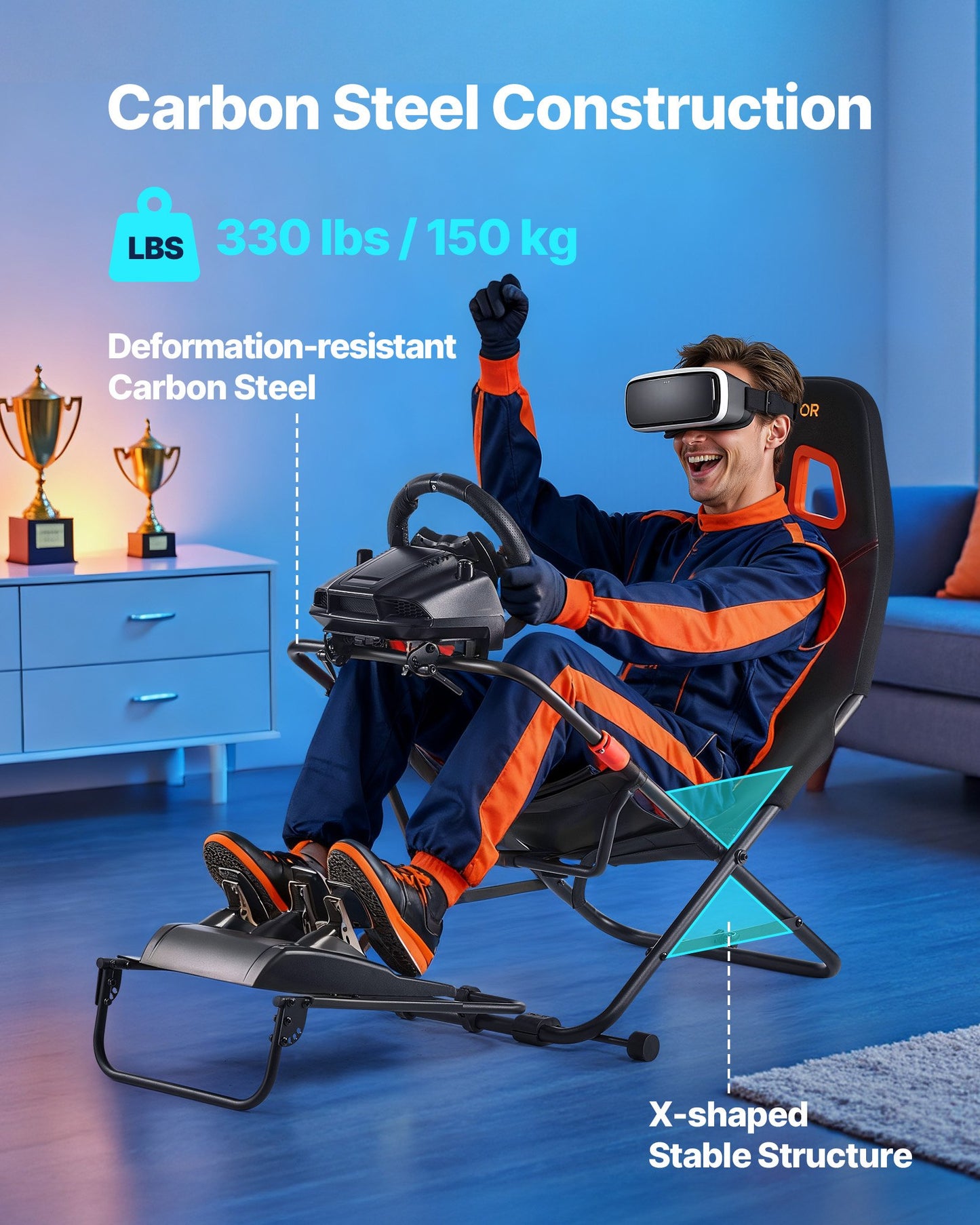 Bärbart racingrattstativ, hopfällbart och justerbart rattstativ, 470 mm sittbredd, kompatibel med Logitech G923/G920/G29, Thrustmaster T248P, Fanatec, Hori, Mad Catz, svart