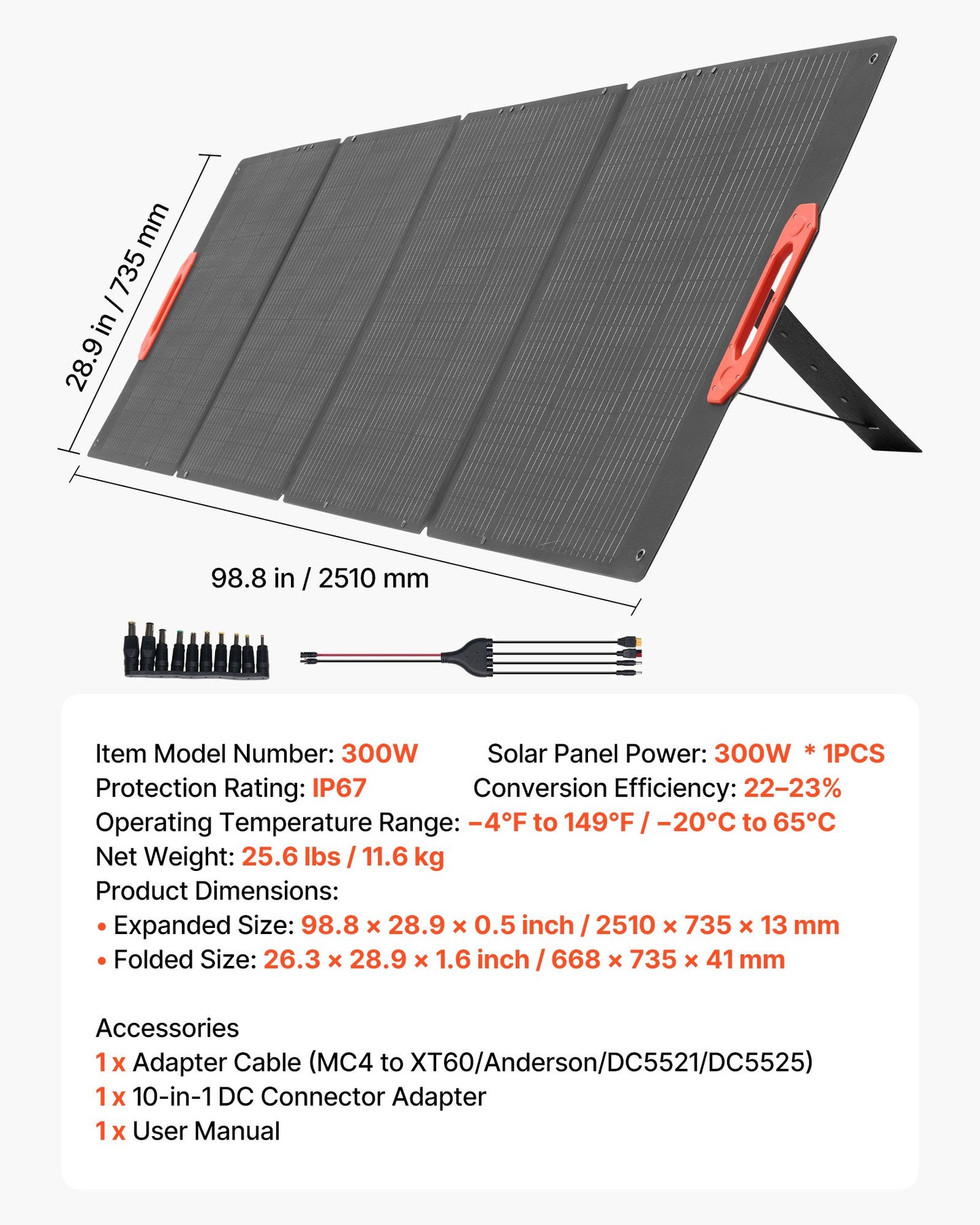 300W Foldable Monocrystalline Solar Panel, 23% High-Efficiency Portable Mono Solar Panel Charger with MC4 Output & 10-in-1 DC Adapters, IP67 Waterproof for Power Stations, Camping, Hiking Trips