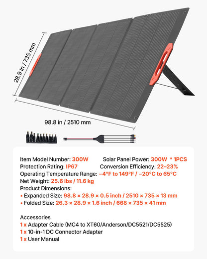 300W Foldable Monocrystalline Solar Panel, 23% High-Efficiency Portable Mono Solar Panel Charger with MC4 Output & 10-in-1 DC Adapters, IP67 Waterproof for Power Stations, Camping, Hiking Trips