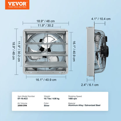 Shutter-frånluftsfläkt, 406 mm höghastighets 1400 varv/min 2000 CFM, väggmonterad vindsfläkt i aluminium med AC-motor, ventilation och kylning för växthus, garage, skjul, butiker