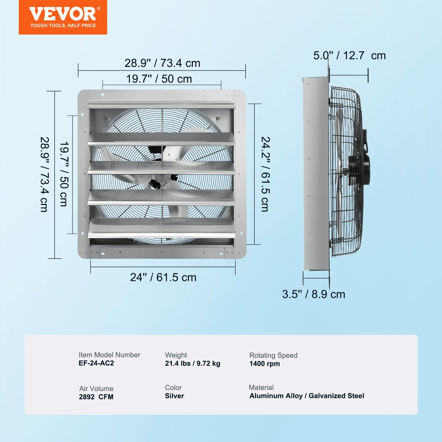 Shutter-frånluftsfläkt, 610 mm höghastighet 1400 varv/min 2892 CFM, väggmonterad vindsfläkt i aluminium med AC-motor, ventilation och kylning för växthus, garage, skjul, butiker