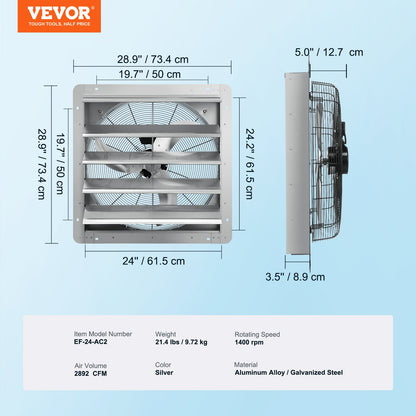 Shutter-frånluftsfläkt, 610 mm höghastighet 1400 varv/min 2892 CFM, väggmonterad vindsfläkt i aluminium med AC-motor, ventilation och kylning för växthus, garage, skjul, butiker