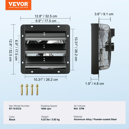 Shutter-frånluftsfläkt, 254 mm med temperatur- och fuktighetsregulator, EC-motor, 843 CFM, justerbar väggmonterad vindsfläkt med variabel hastighet, ventilation och kylning för växthus, garage, skjul