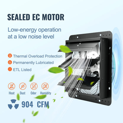 Fläkt med jalusi, 305 mm med temperatur- och fuktighetsregulator, EC-motor, 904 CFM, justerbar väggmonterad vindsfläkt med variabel hastighet, ventilation och kylning för växthus, garage, skjul