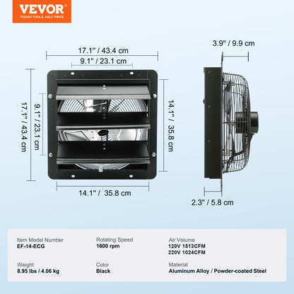 Shutter-frånluftsfläkt, 356 mm med temperatur- och fuktighetsregulator, EC-motor, 1024 CFM, justerbar väggmonterad vindsfläkt med variabel hastighet, ventilation och kylning för växthus, garage, skjul