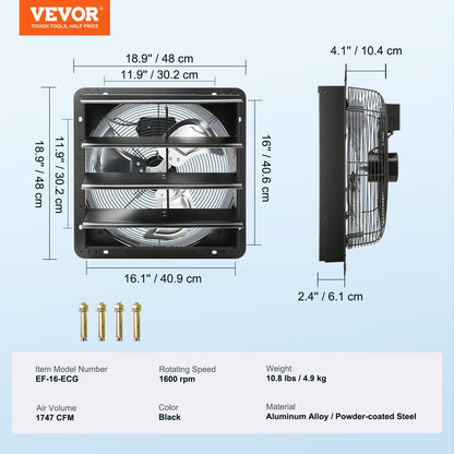 Fläkt med jalusi, 406 mm med temperatur- och fuktighetsregulator, EC-motor, 1747 CFM, justerbar väggmonterad vindsfläkt med variabel hastighet, ventilation och kylning för växthus, garage, skjul