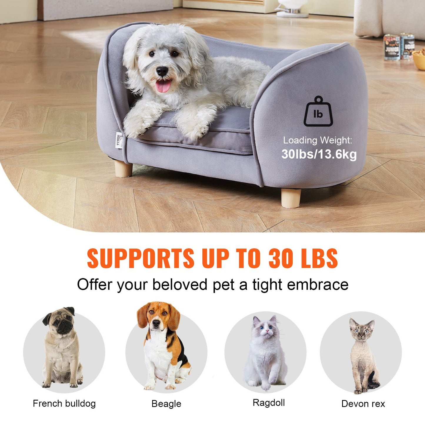 Pet Sofa, Dog Couch for Small Dogs and Cats, Soft Velvety Dog Sofa Bed, 66 lbs Loading Cat Sofa, Dark Grey