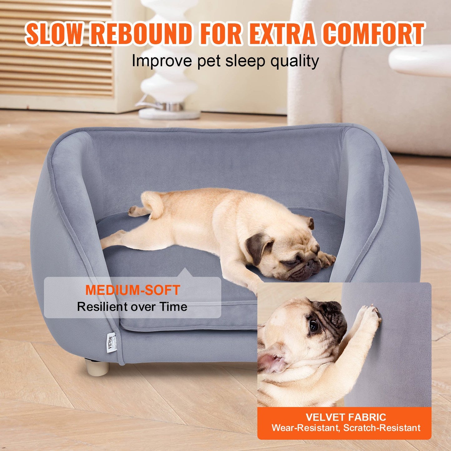 Pet Sofa, Dog Couch for Small Dogs and Cats, Soft Velvety Dog Sofa Bed, 66 lbs Loading Cat Sofa, Dark Grey