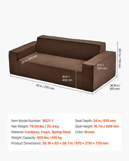 2110 mm Modern soffa, Bekväm manchestersoffa med djupa sitsar, Cloud-soffa med breda armstöd, Ingen montering krävs, Stor plyschsoffa Perfekt för vardagsrum, sovrum, lägenhet och kontor, Brun