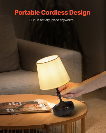 Cordless Table Lamp, 5200mAh Built-in Rechargeable Battery Small Desk Lamp, 3-Level Brightness, Fabric Shade, 2700-3000K Color Temperature, Table Light for Restaurant, Bedroom, Bars, Black