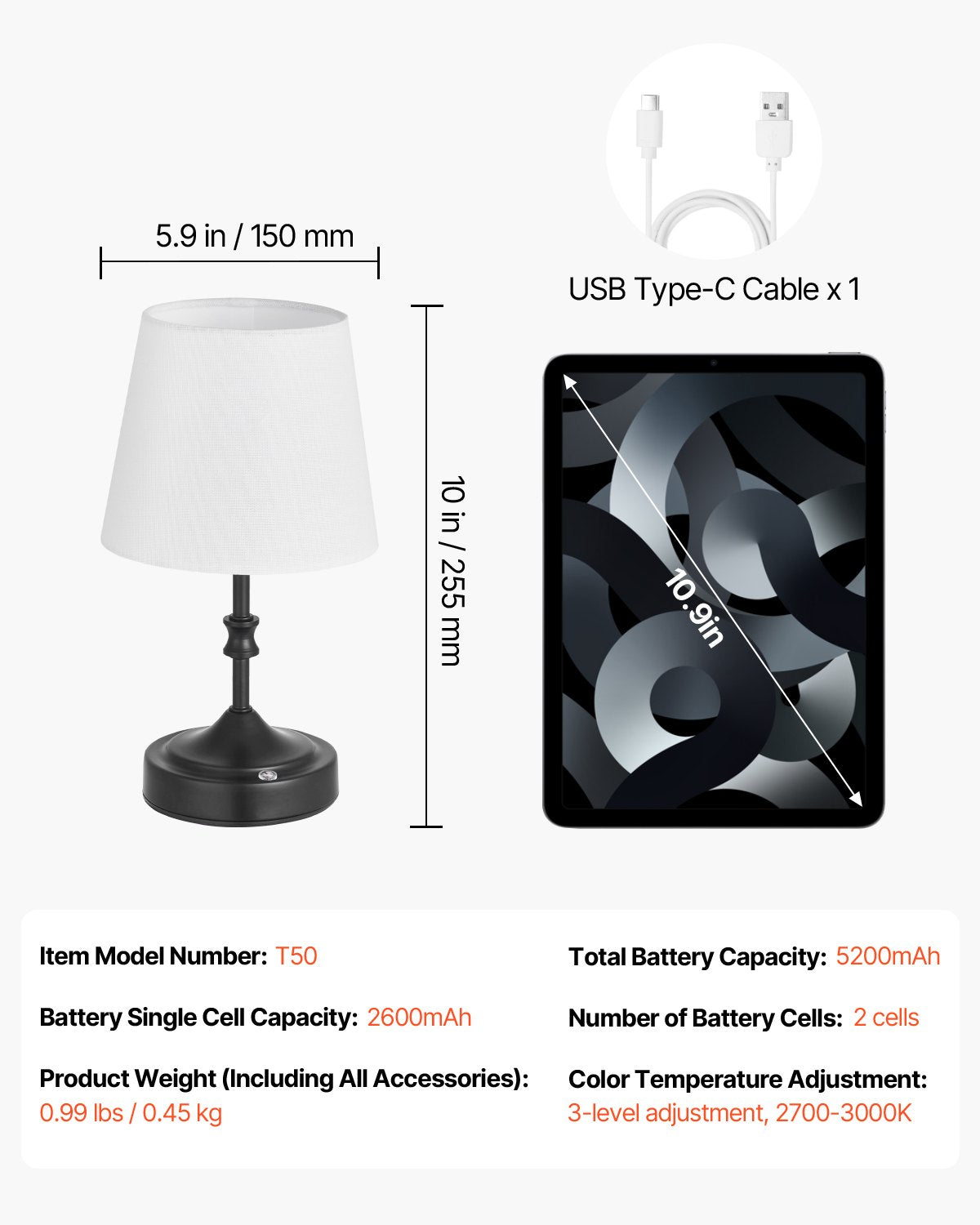 Cordless Table Lamp, 5200mAh Built-in Rechargeable Battery Small Desk Lamp, 3-Level Brightness, Fabric Shade, 2700-3000K Color Temperature, Table Light for Restaurant, Bedroom, Bars, Black