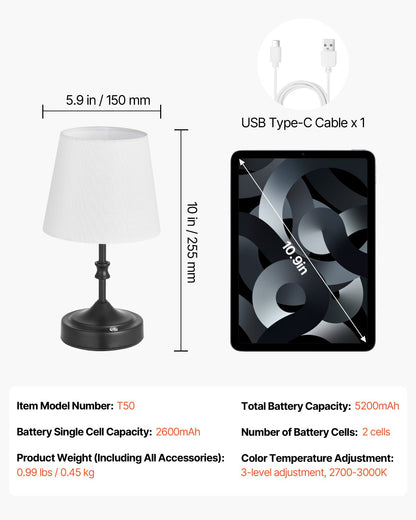 Cordless Table Lamp, 5200mAh Built-in Rechargeable Battery Small Desk Lamp, 3-Level Brightness, Fabric Shade, 2700-3000K Color Temperature, Table Light for Restaurant, Bedroom, Bars, Black