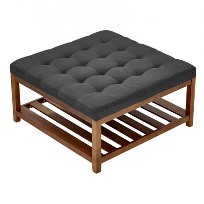 Large Square Ottoman Coffee Table, 34.5 Inch Tufted Coffee Table with Solid Wood Shelf Storage, Linen Solid Upholstered Footrest Ottoman for Bedroom Living Room, 400 LBS, Dark Gray