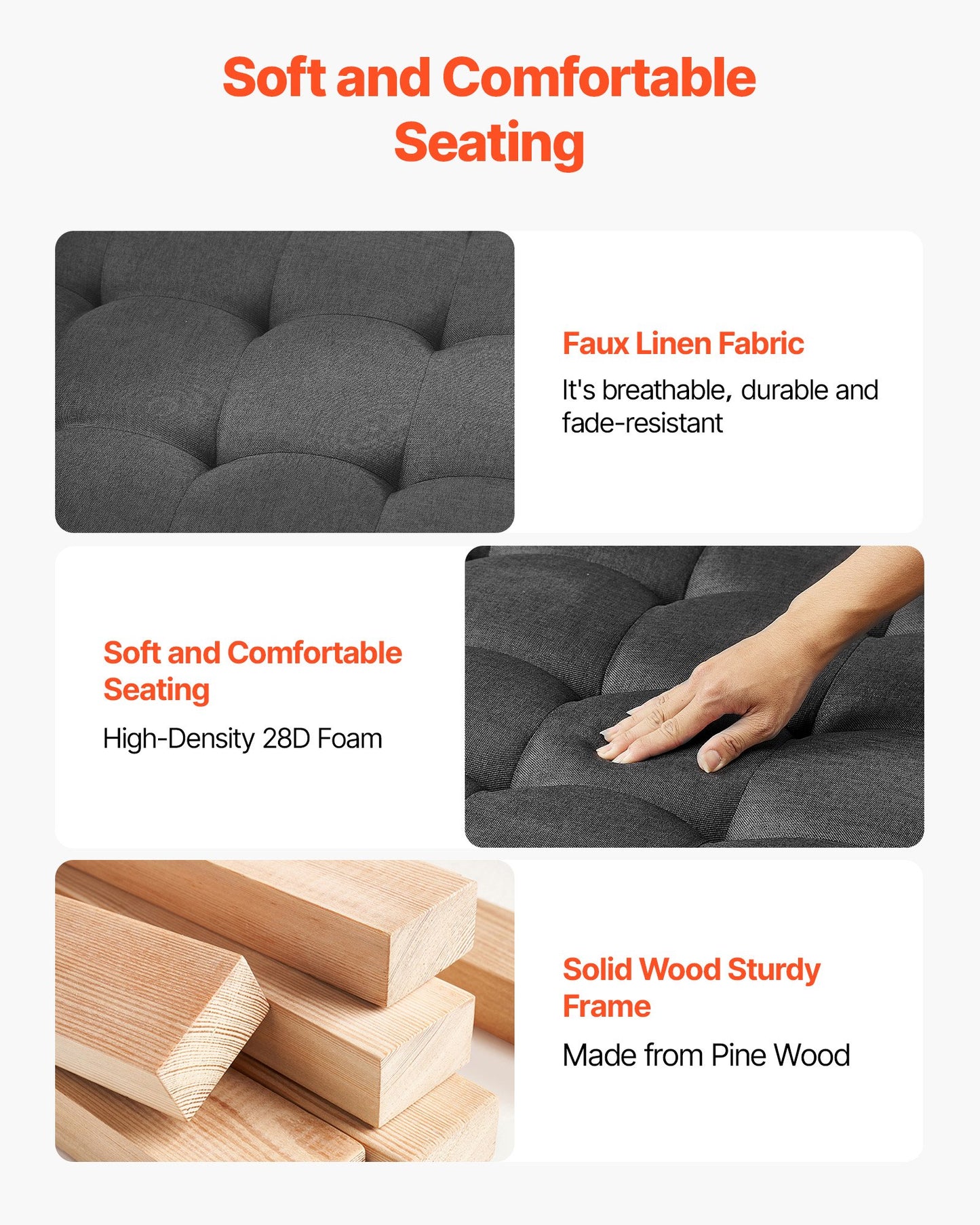 Large Square Ottoman Coffee Table, 34.5 Inch Tufted Coffee Table with Solid Wood Shelf Storage, Linen Solid Upholstered Footrest Ottoman for Bedroom Living Room, 400 LBS, Dark Gray