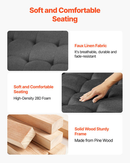 Large Square Ottoman Coffee Table, 34.5 Inch Tufted Coffee Table with Solid Wood Shelf Storage, Linen Solid Upholstered Footrest Ottoman for Bedroom Living Room, 400 LBS, Dark Gray