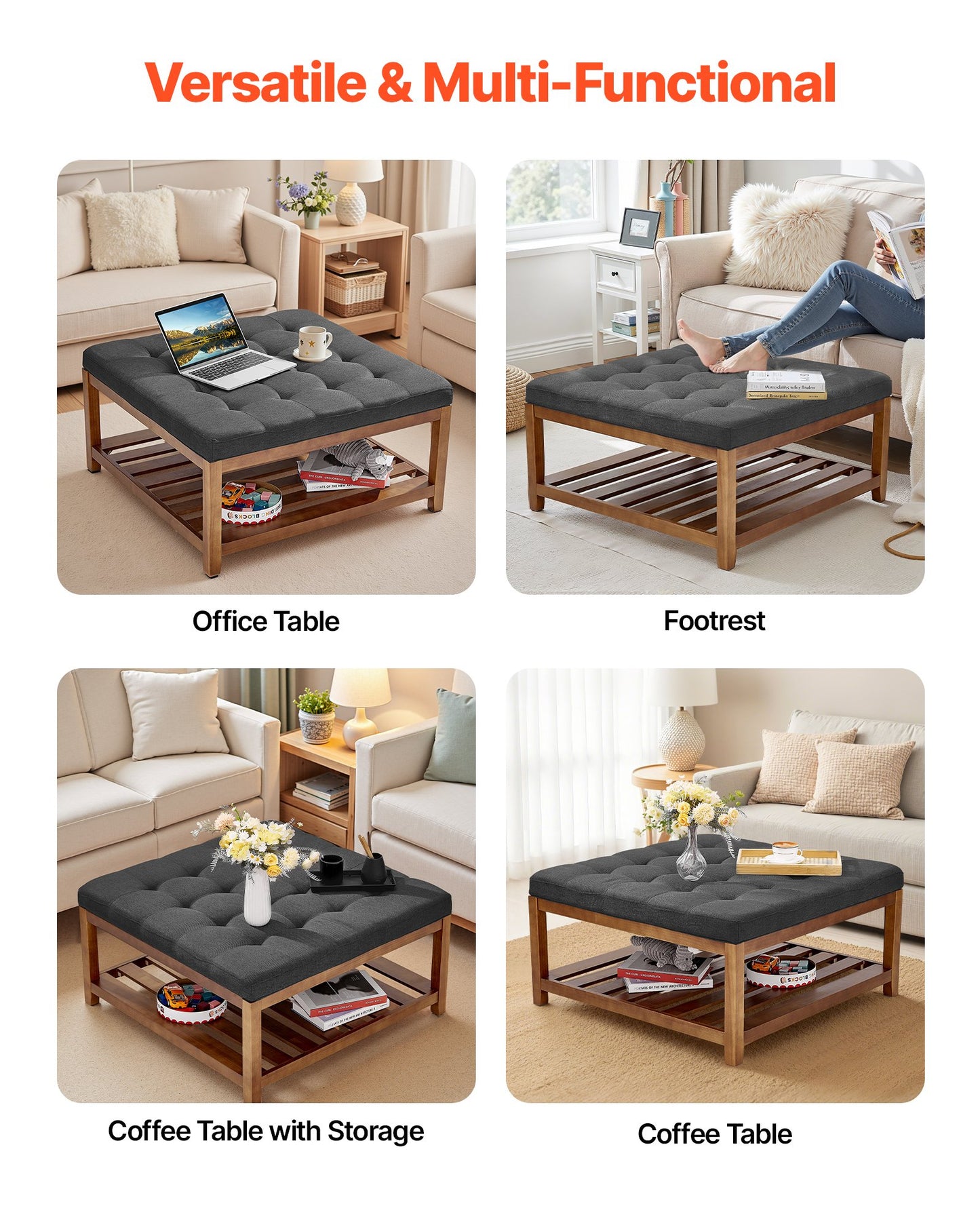 Large Square Ottoman Coffee Table, 34.5 Inch Tufted Coffee Table with Solid Wood Shelf Storage, Linen Solid Upholstered Footrest Ottoman for Bedroom Living Room, 400 LBS, Dark Gray