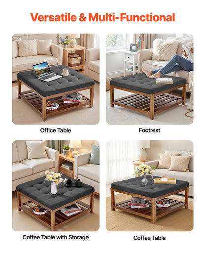 Large Square Ottoman Coffee Table, 34.5 Inch Tufted Coffee Table with Solid Wood Shelf Storage, Linen Solid Upholstered Footrest Ottoman for Bedroom Living Room, 400 LBS, Dark Gray
