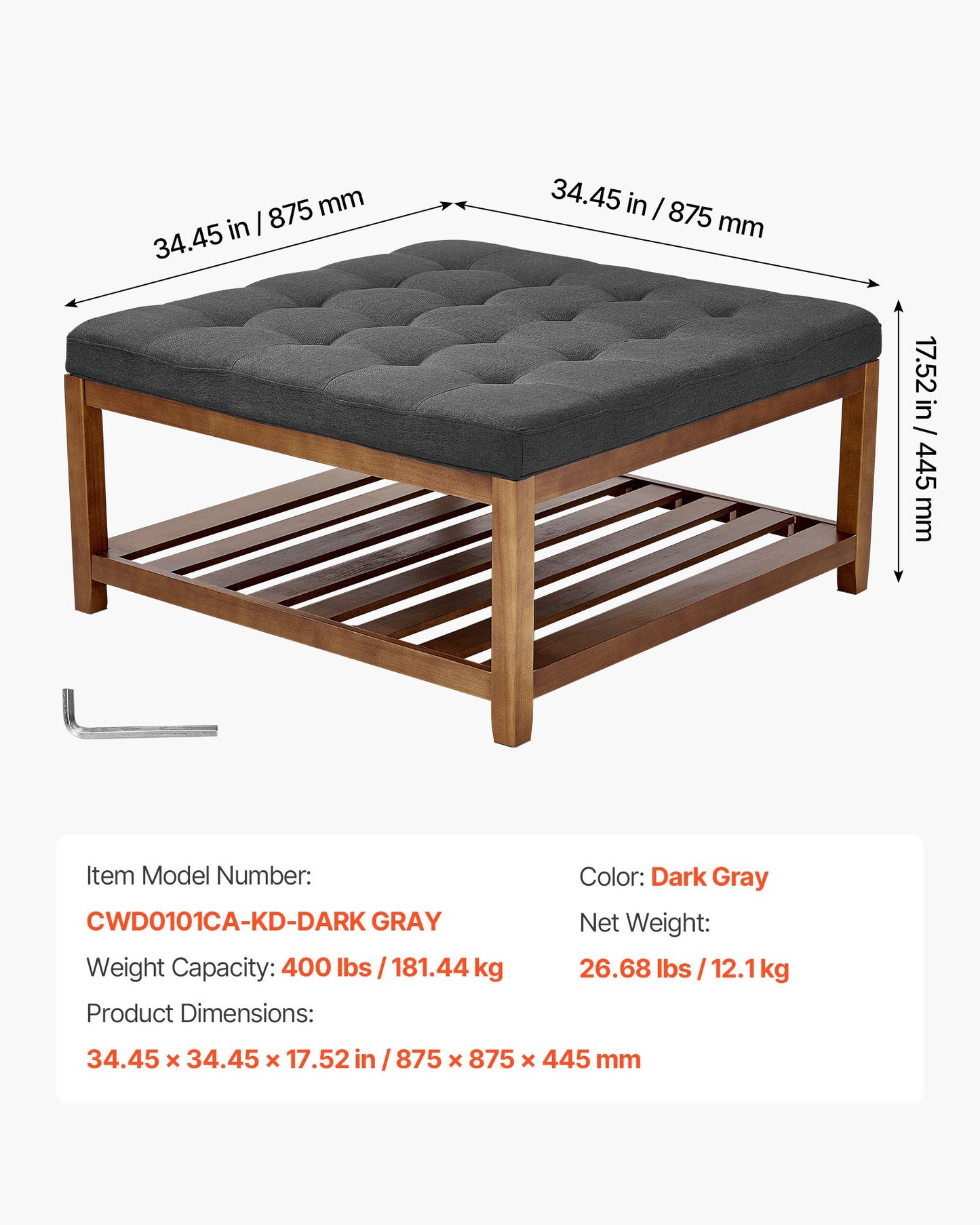 Large Square Ottoman Coffee Table, 34.5 Inch Tufted Coffee Table with Solid Wood Shelf Storage, Linen Solid Upholstered Footrest Ottoman for Bedroom Living Room, 400 LBS, Dark Gray