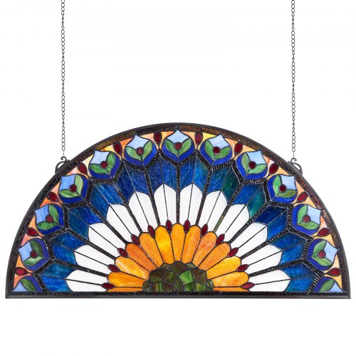 Fönsterpanel i färgat glas, 913 x 465 mm, hängande överljuspanel i Tiffany-stil med kedja, stor halvrund upphängning i färgat glas, traditionellt hantverk för köksinredning