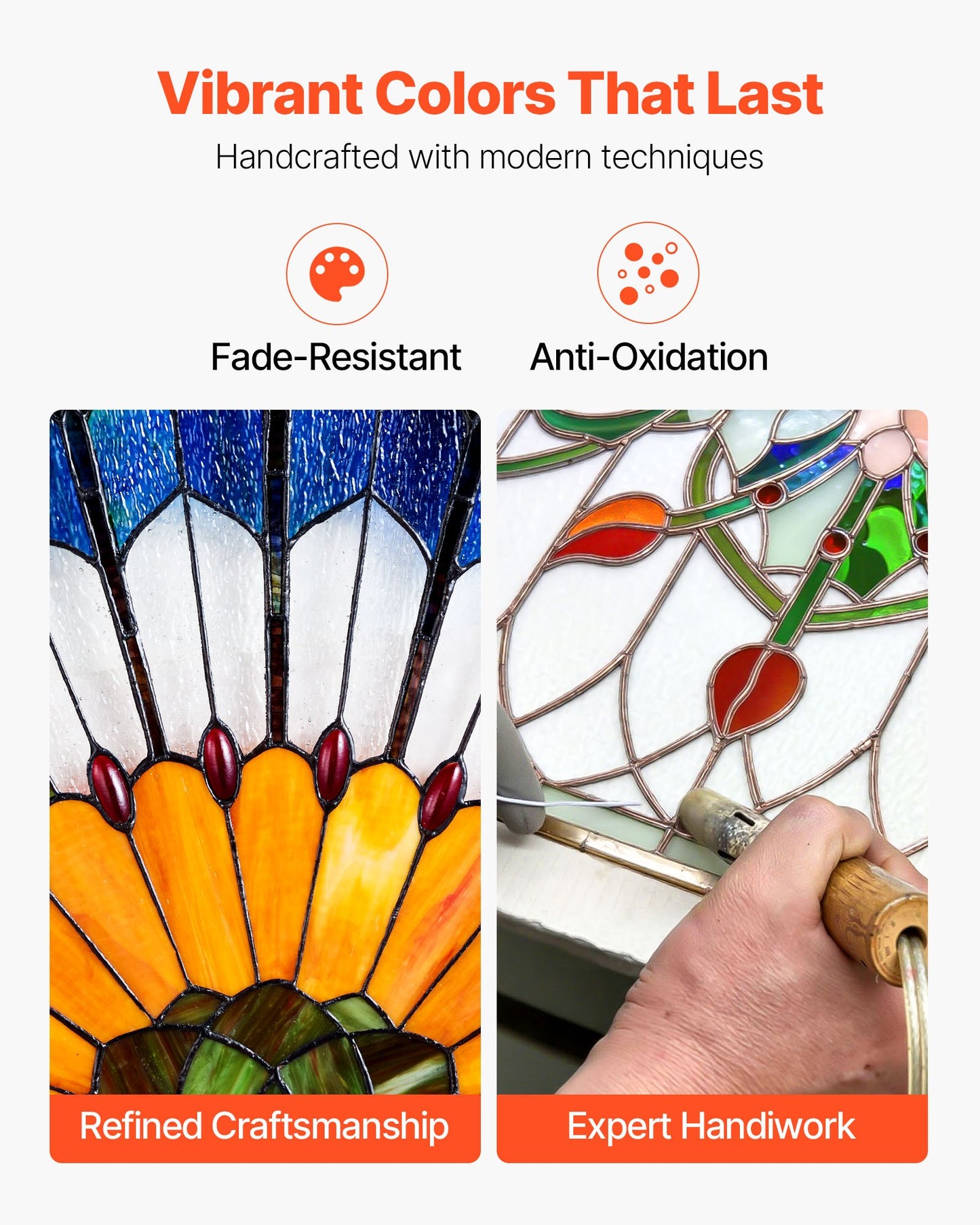 Fönsterpanel i färgat glas, 913 x 465 mm, hängande överljuspanel i Tiffany-stil med kedja, stor halvrund upphängning i färgat glas, traditionellt hantverk för köksinredning