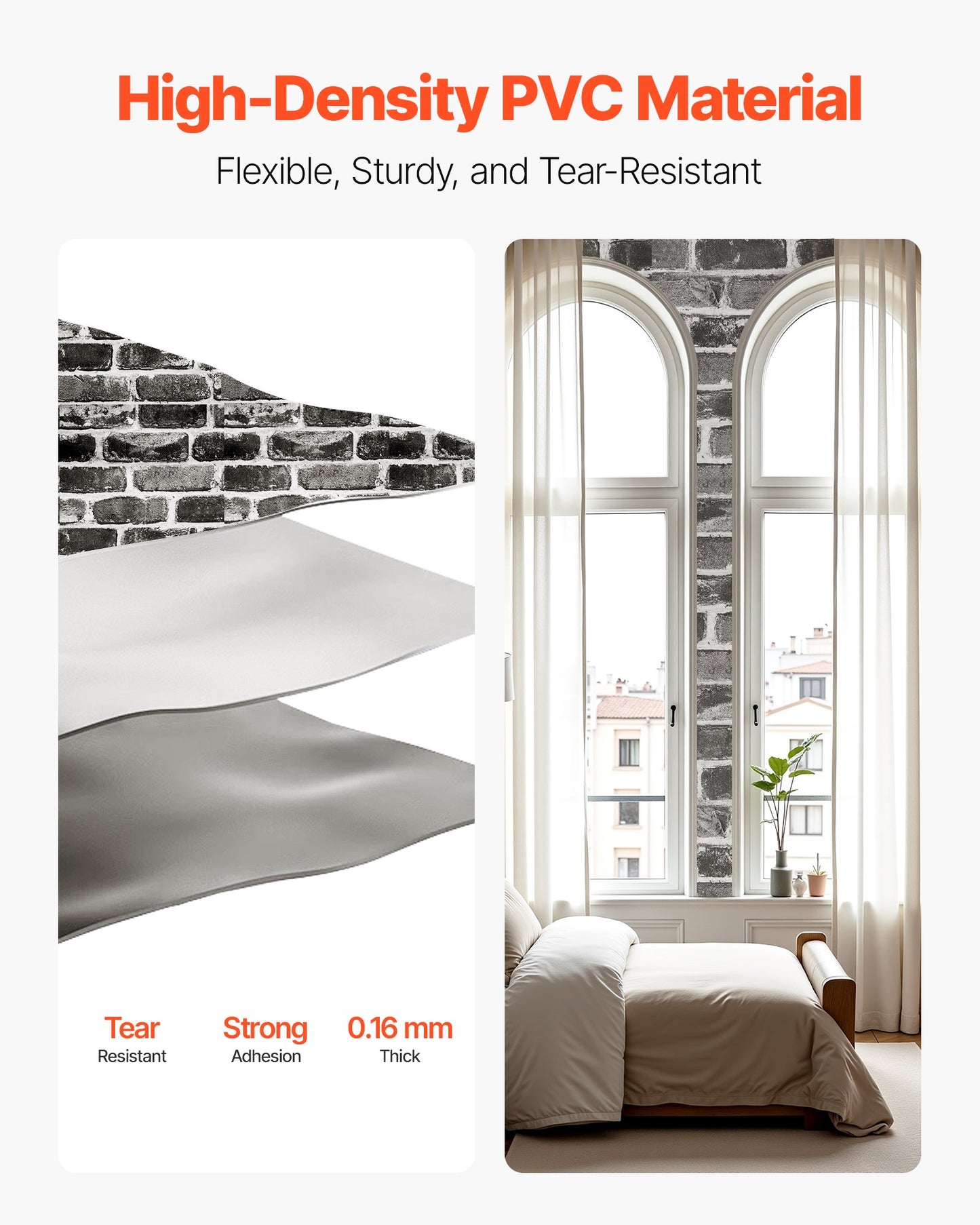 Självhäftande tapet, 45 cm x 10 m, grå tegel, vattentät, självhäftande, lätt att rengöra och dra av, väggdekorativ vinylrulle för sovrum, kök, kontor, badrum, skrivbord