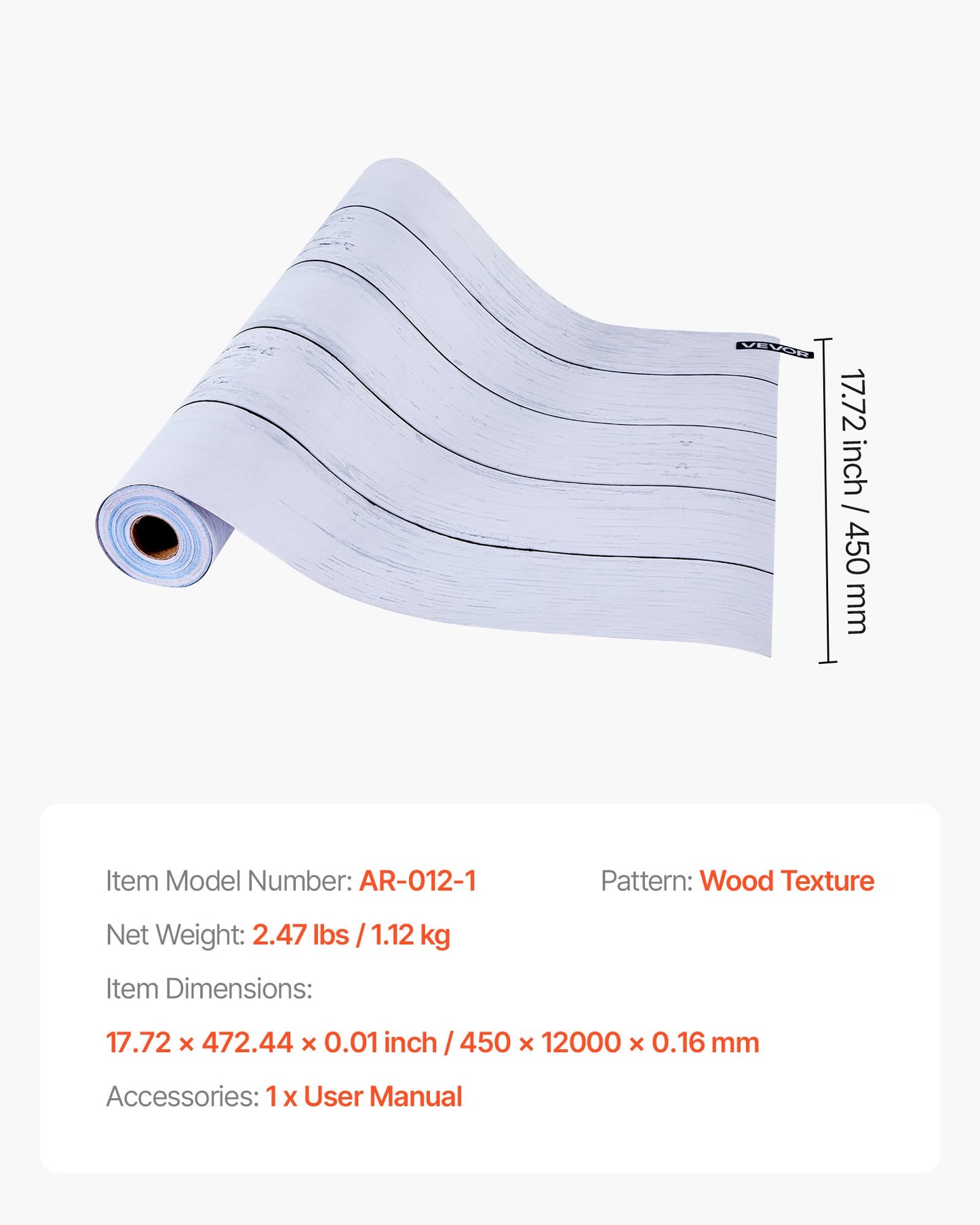 Självhäftande tapet, 45 cm x 12 m, vit trästruktur, vattentät, självhäftande, lätt att rengöra och dra av, väggdekorativ vinylrulle för sovrum, kök, kontor, badrum, skrivbord