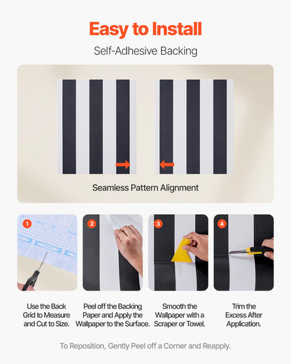 Självhäftande tapet, 45 cm x 15 m, svartvitt, modernt, geometriskt, vattentätt, självhäftande, lätt att rengöra, väggdekorativ vinylrulle för sovrum, kök, kontor, badrum