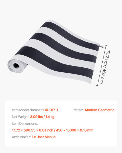 Självhäftande tapet, 45 cm x 15 m, svartvitt, modernt, geometriskt, vattentätt, självhäftande, lätt att rengöra, väggdekorativ vinylrulle för sovrum, kök, kontor, badrum