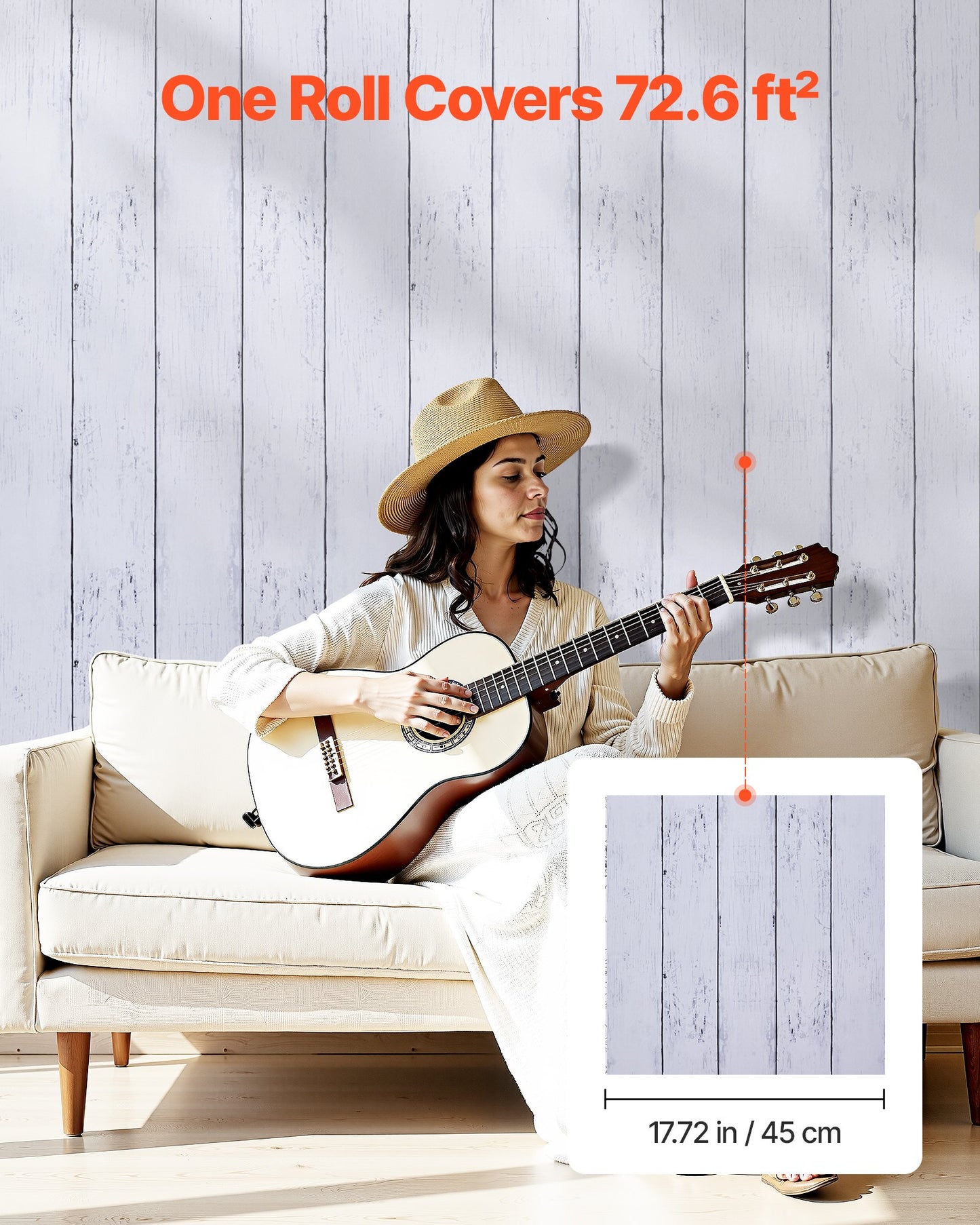 Självhäftande tapet, 45 cm x 15 m, vit trästruktur, vattentät, självhäftande, lätt att rengöra och dra av, väggdekorativ vinylrulle för sovrum, kök, kontor, badrum, skrivbord