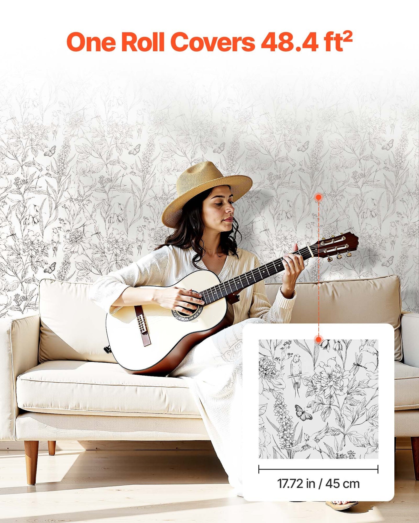 Självhäftande tapet, 45 cm x 10 m, vit linjekonst, botanisk blommig, vattentät, självhäftande, lätt att rengöra, väggdekorativ vinylrulle för sovrum, kök, kontor, badrum