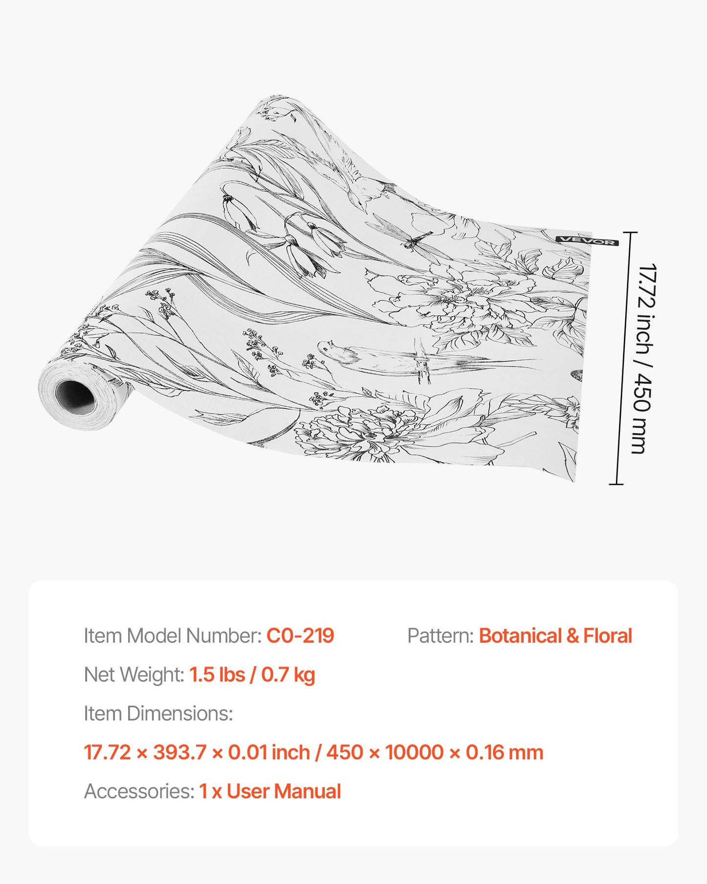 Självhäftande tapet, 45 cm x 10 m, vit linjekonst, botanisk blommig, vattentät, självhäftande, lätt att rengöra, väggdekorativ vinylrulle för sovrum, kök, kontor, badrum