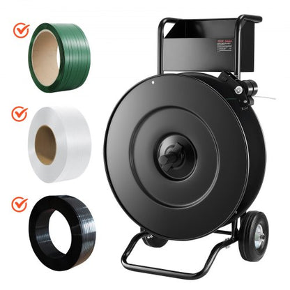 Bandvagn, lämplig för PET/PP/stålbandningsrullar med kärnstorlek 20,3/40,6 cm, kraftig bandningsdispenser utrustad med uppgraderad trumbroms, inbyggt rymligt fack för verktyg