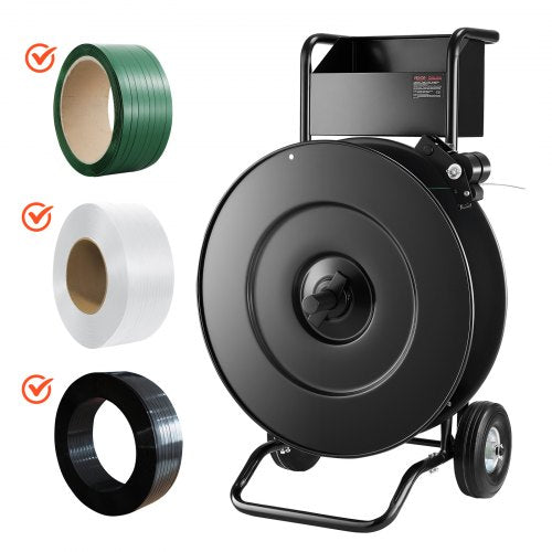 Bandvagn, lämplig för PET/PP/stålbandningsrullar med kärnstorlek 20,3/40,6 cm, kraftig bandningsdispenser utrustad med uppgraderad trumbroms, inbyggt rymligt fack för verktyg