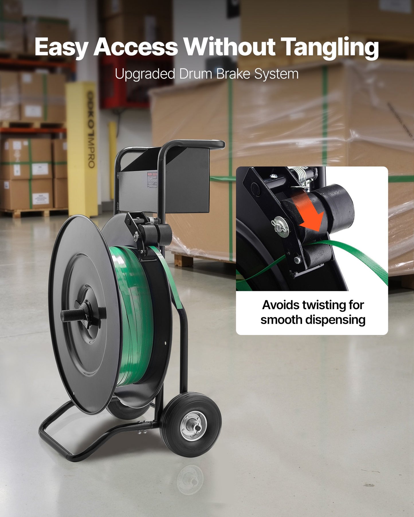 Bandvagn, lämplig för PET/PP/stålbandningsrullar med kärnstorlek 20,3/40,6 cm, kraftig bandningsdispenser utrustad med uppgraderad trumbroms, inbyggt rymligt fack för verktyg