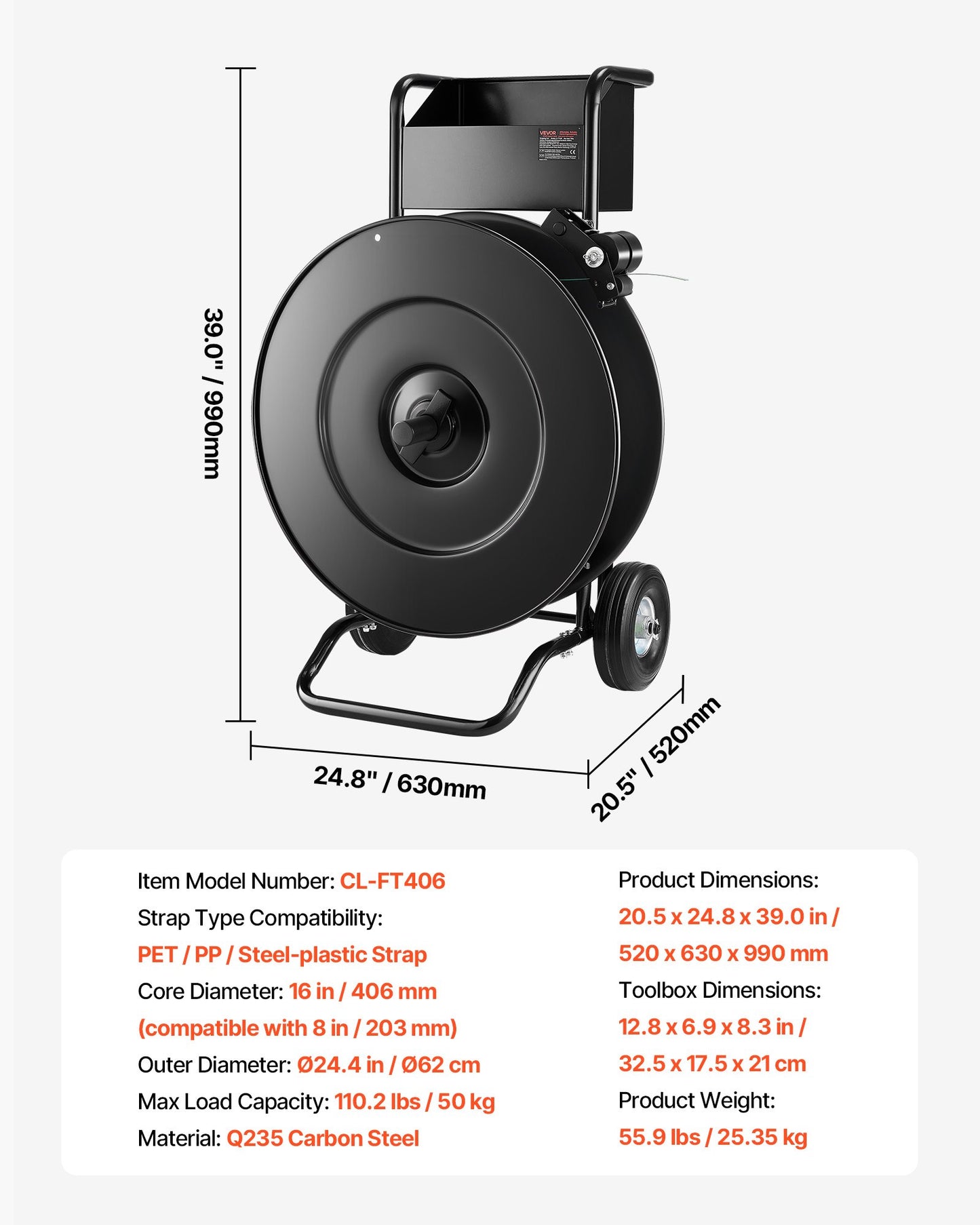 Bandvagn, lämplig för PET/PP/stålbandningsrullar med kärnstorlek 20,3/40,6 cm, kraftig bandningsdispenser utrustad med uppgraderad trumbroms, inbyggt rymligt fack för verktyg