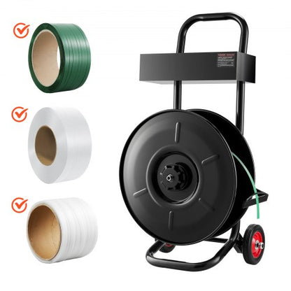 Banding Strapping Cart, Fit for PET / PP / Polyester Strapping Coils with 20.3 cm Core Size, Heavy Duty Strapping Dispenser Equipped with Upgrade Brake System, Built-in Spacious Tray for Tools