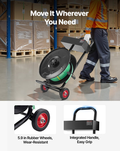 Banding Strapping Cart, Fit for PET / PP / Polyester Strapping Coils with 20.3 cm Core Size, Heavy Duty Strapping Dispenser Equipped with Upgrade Brake System, Built-in Spacious Tray for Tools