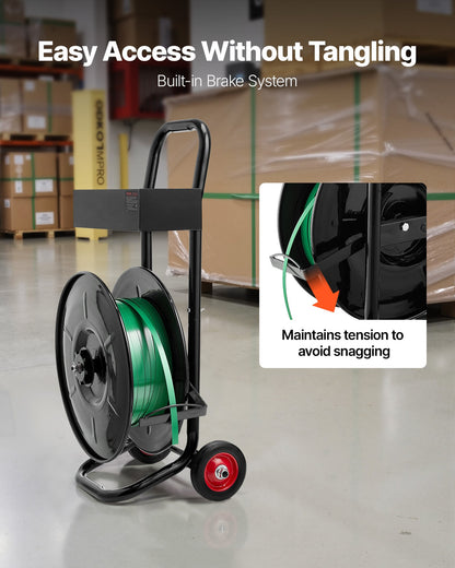 Banding Strapping Cart, Fit for PET / PP / Polyester Strapping Coils with 20.3 cm Core Size, Heavy Duty Strapping Dispenser Equipped with Upgrade Brake System, Built-in Spacious Tray for Tools
