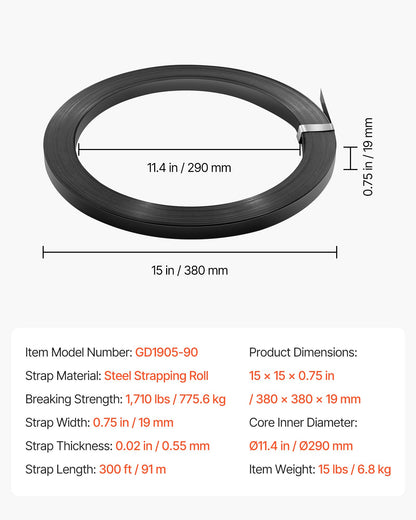 Stålbandningsrulle, 19 mm x 0,55 mm x 91 m, Metallbandningsrulle tål tuffa miljöer, 775,6 kg brottstyrka, Kraftig bandningsrulle för pallpackning
