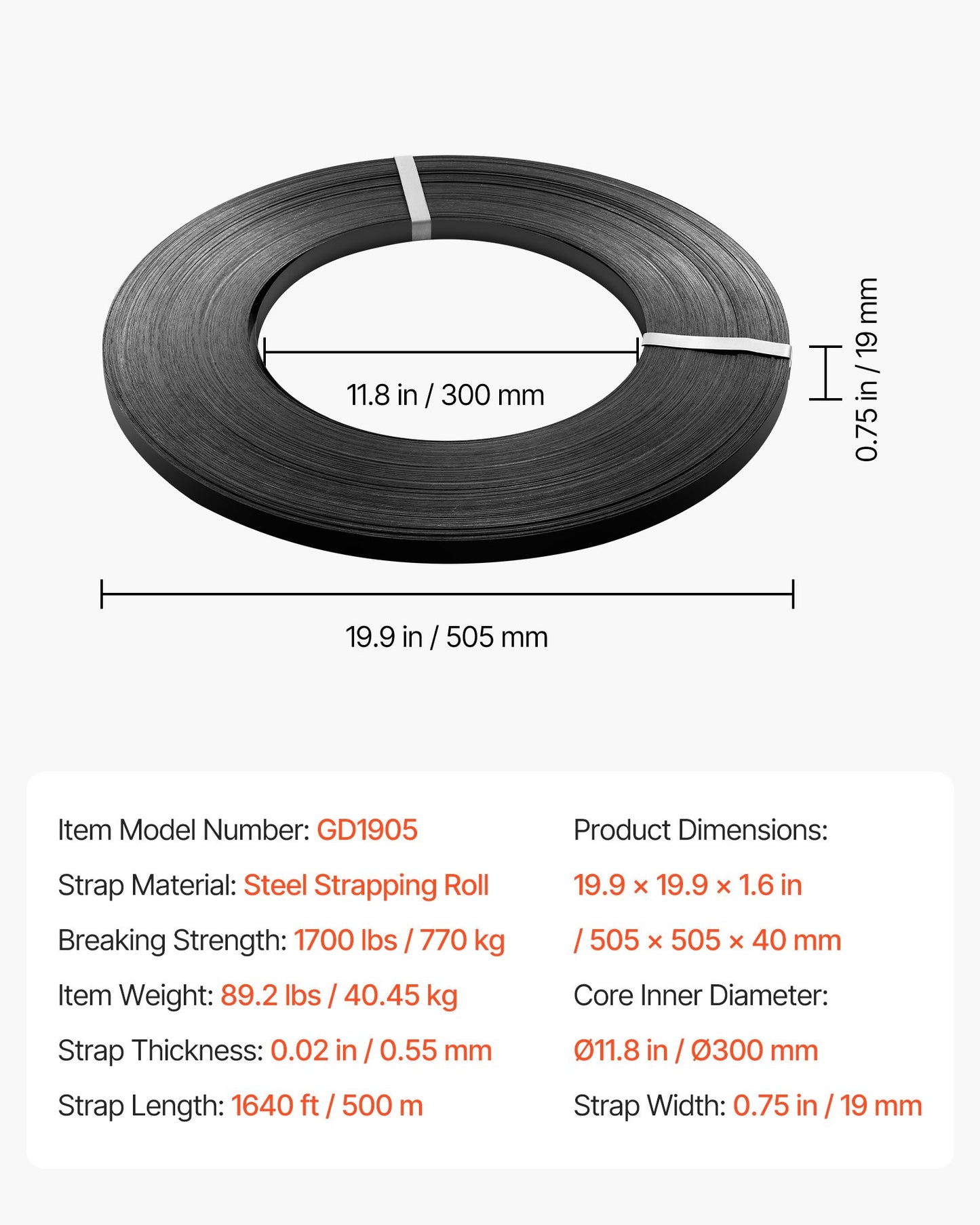Stålbandningsrulle, 19 mm x 0,55 mm x 500 m, Metallbandningsrulle tål tuffa miljöer, 771 kg brottstyrka, Kraftig bandningsrulle för pallpackning