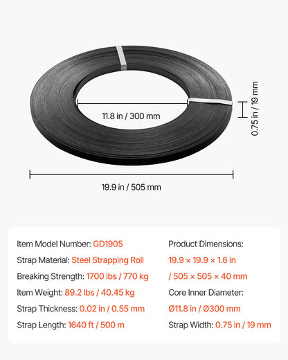 Stålbandningsrulle, 19 mm x 0,55 mm x 500 m, Metallbandningsrulle tål tuffa miljöer, 771 kg brottstyrka, Kraftig bandningsrulle för pallpackning