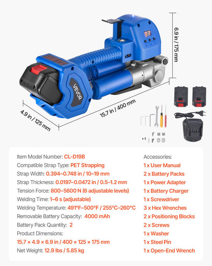 Elektrisk bandningsmaskin, 2 x 4000mAh batterier, automatiskt bandningsverktyg med digital display för 10-19 mm breda PET-band, bandningsspännmaskin för förpackningskartonger och pallar