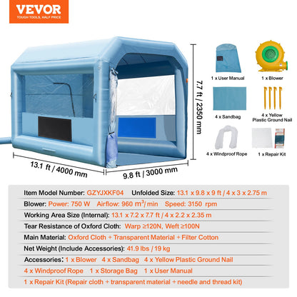 Uppblåsbar målarbox, 13,1 x 9,8 x 9 fot/4 x 3 x 2,7 m uppblåsbar sprutbox, med 750 W kraftfull fläkt och luftfiltersystem, bärbar billackeringsbox för motorcykel, cykel, målning av bildelar
