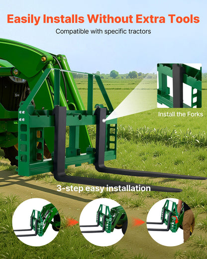 Kompaktlastade pallgafflar, 1814 kg nominell lastkapacitet, pallgaffelramfäste med 122 cm pallgafflar, 50,8 mm dragkrokfäste och spjuthylsor, passar för JD-traktorer