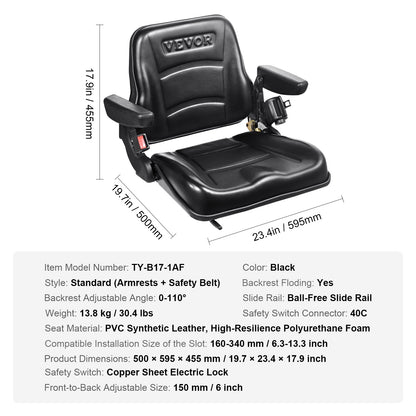Universellt gaffeltrucksäte, nedfällbart traktorsäte med justerbart ryggstöd, mikrobrytare, säkerhetsbälte och armstöd, 6,3-13,4 tums slitstraktorsäte för traktorgrävmaskin, lastare