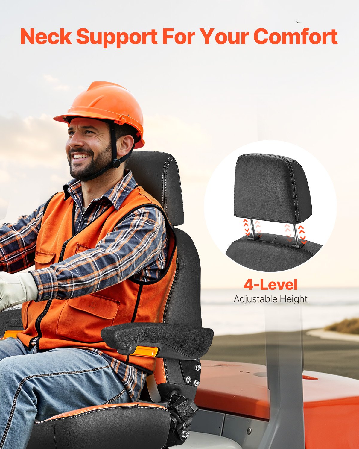 Universellt gaffeltrucksäte, traktorsäte med justerbart ryggstöd, armstöd, nackstöd och säkerhetsbälte, säkert traktorsäte med mikrobrytare, ergonomiskt gräsklipparsäte för kompaktlastare, bulldozer