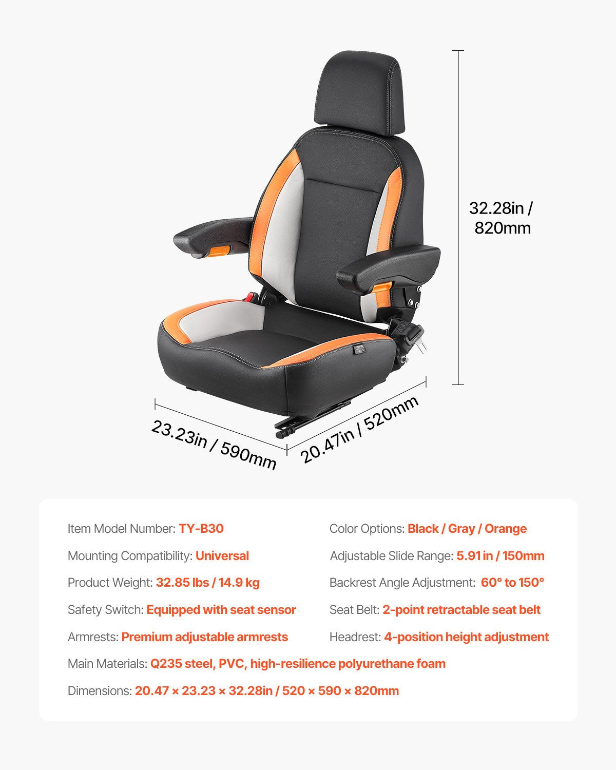Universellt gaffeltrucksäte, traktorsäte med justerbart ryggstöd, armstöd, nackstöd och säkerhetsbälte, säkert traktorsäte med mikrobrytare, ergonomiskt gräsklipparsäte för kompaktlastare, bulldozer