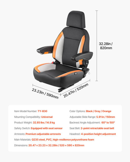 Universellt gaffeltrucksäte, traktorsäte med justerbart ryggstöd, armstöd, nackstöd och säkerhetsbälte, säkert traktorsäte med mikrobrytare, ergonomiskt gräsklipparsäte för kompaktlastare, bulldozer