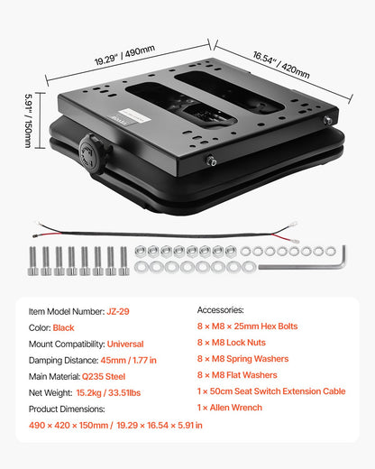 Sätesfjädringskit utan sätesspår, universell luftfjädring för nollsvängsgräsklippare, med dammskydd, dragkroksätesfjädringskit för gaffeltruckar, bulldozrar